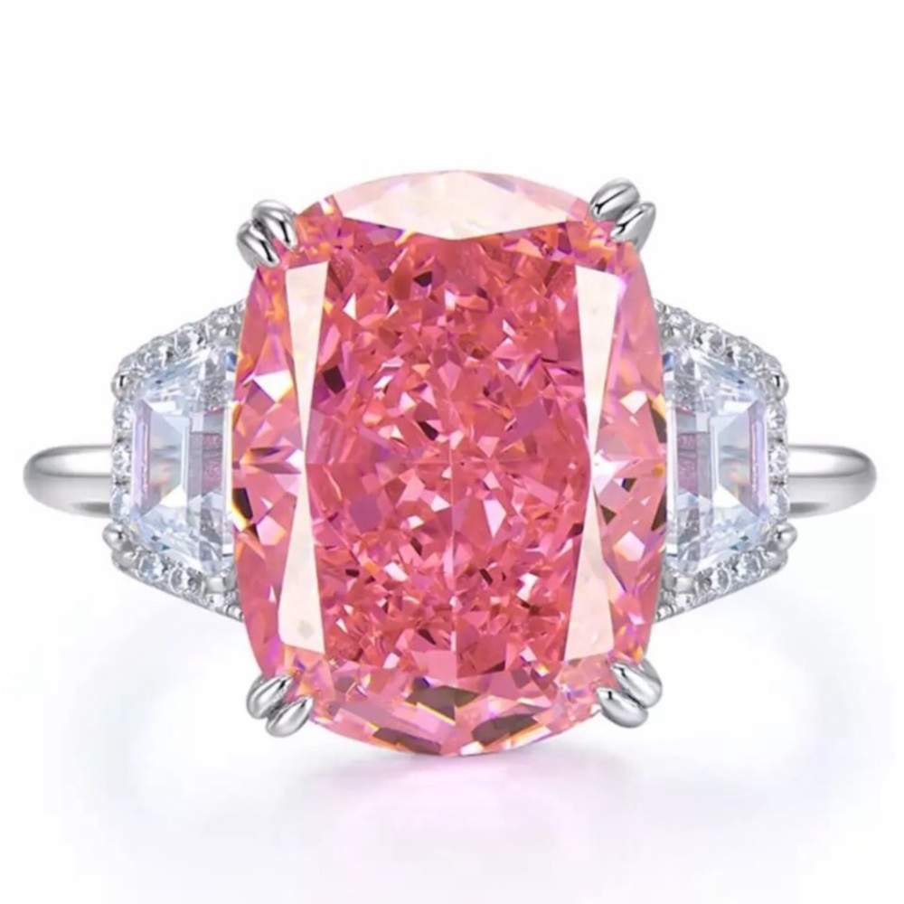 Oval, Round & Baguette Cut Pink & White Diamond Ring - Picture 1 of 16